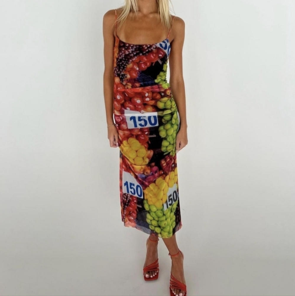 ZARA WATERCOLOR VIBRANT FLORAL FRUIT PRINT MESH MIDI SHEATH SLIP DRESS Size S - Picture 4 of 14